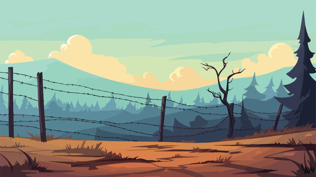 Fence with barbed wire with background 2d flat cartoon