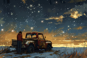 朽ちた古いトラックと星空の風景