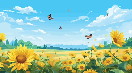 Field of sunflowers flying butterflies and bees. Bl