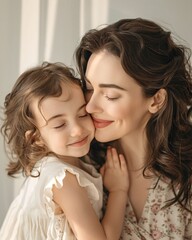 Little girl embracing her mother and smiles