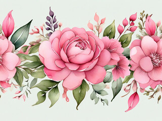 Watercolor pink flowers and green leaves seamless border illustration