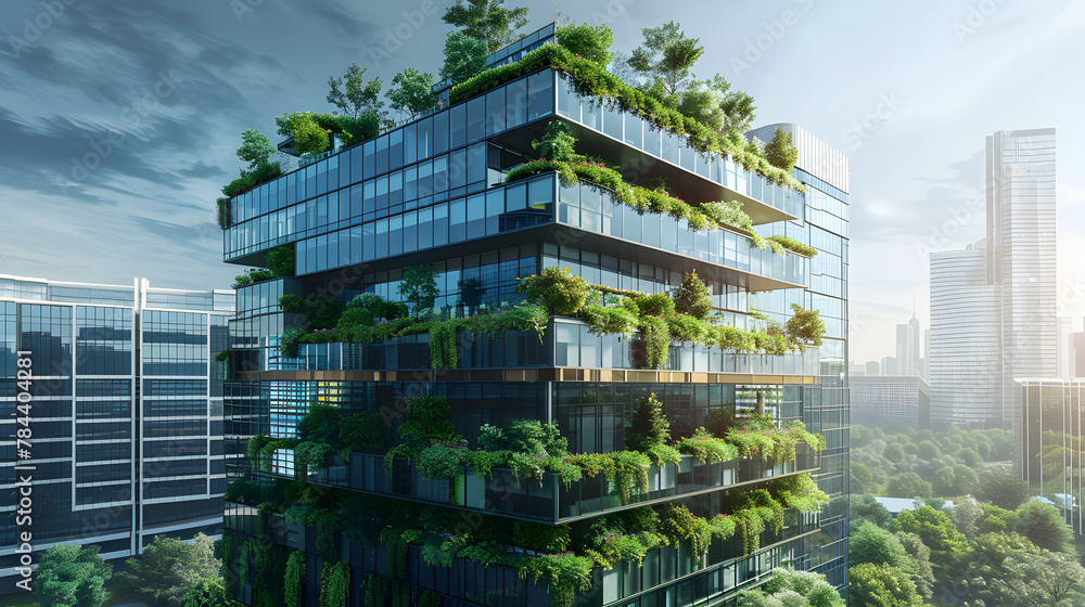 Wall mural eco-friendly building in the modern city. sustainable glass office building with tree for reducing h