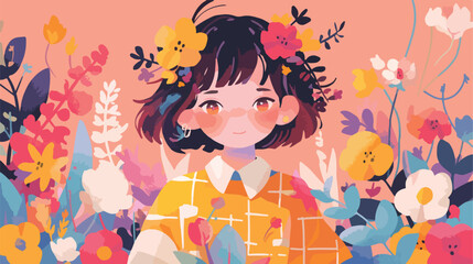 Obraz na płótnie Canvas Floral Chibi Girl 2d flat cartoon vactor illustration