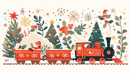 Floral Christmas Train Clipart 2d flat cartoon vact