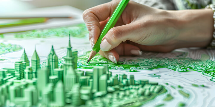 Woman drawing green city on paper with pencil Environment conservation concept using paper sketching city image with many trees and buildings for architecture drawing with work tools   