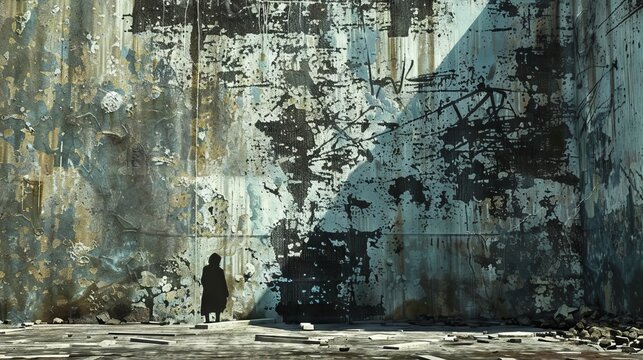 Solitary figure amidst the ruins of a dilapidated building, surrounded by decaying walls adorned with remnants of paint and graffiti