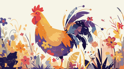 Floral Rooster Clipart 2d flat cartoon vactor illustration - obrazy, fototapety, plakaty