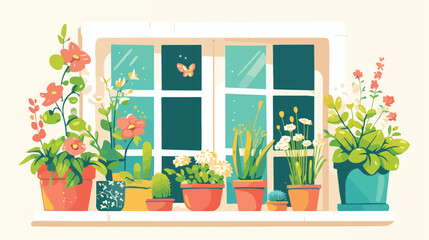 Floral Window Clipart 2d flat cartoon vactor illustration