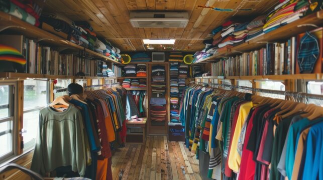 Retro thrift shop in a converted school bus, traveling between cities and selling vintage apparel, --ar 16:9