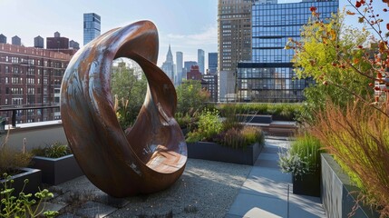 Rooftop garden transformed into a modern art space, urban oasis with sculptural pieces, --ar 16:9