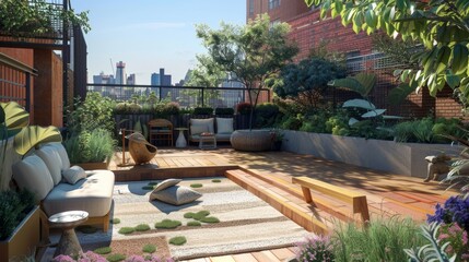 Rooftop garden transformed into a modern art space, urban oasis with sculptural pieces, --ar 16:9