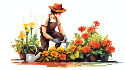 Flower Gardener Watercolor Clipart 2d flat cartoon