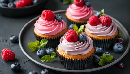 Plate of delicious cupcakes with blueberries, raspberries and mint on black background