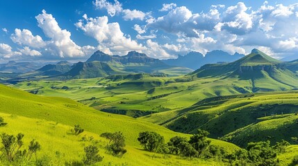Summer at the Drakensberg Mountains, South Africa, panoramic views of rolling green hills, --ar 16:9