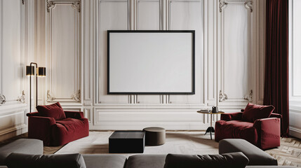 mock up poster frame in modern interior background, living room, Minimalistic style, 3D render, 3D illustration