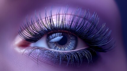 Closeup of womans eye with long black eyelashes and vibrant violet iris - obrazy, fototapety, plakaty