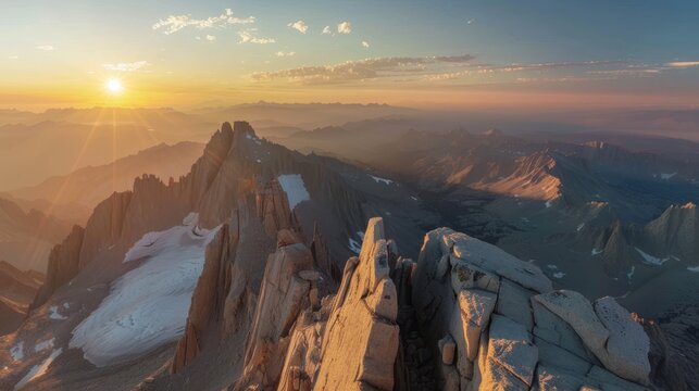 Summer sunrise from the summit of Mount Whitney, USA, offering spectacular panoramic views, --ar 16:9