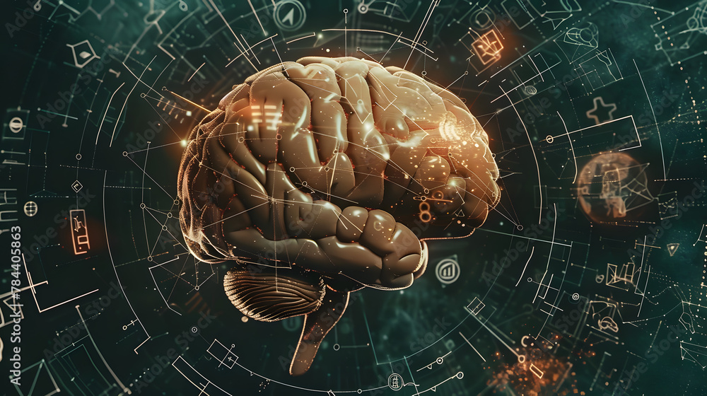 Poster a digital brain with various mathematical and scientific symbols orbiting around it, portraying ai's