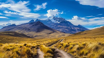 The rugged trails of the Andes in Bolivia during summer, vibrant landscapes and clear skies, --ar...