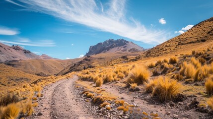 The rugged trails of the Andes in Bolivia during summer, vibrant landscapes and clear skies, --ar...