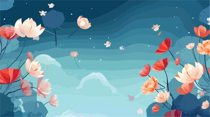 Fototapeta na wymiar Flying petals and silk lanterns on a blue background