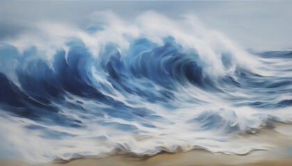 Blue wave oil painting using brush technique. - obrazy, fototapety, plakaty