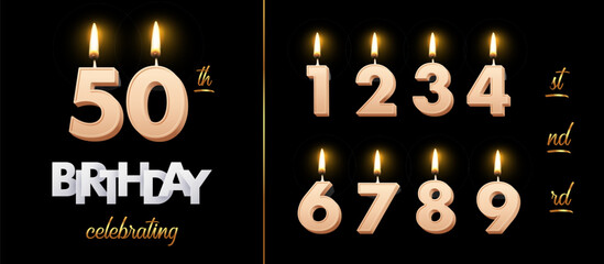 Birthday number candles with fire for anniversary cake vector illustration. 3D realistic beige wax numbers with candlelight, white and gold font on black background for invitation, greeting card