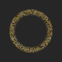 Gold dotted luxury halftone round frame. Golden shining abstract background with light glow elements. Glitter pattern circle logo. Modern futuristic graphic vector illustration. Glowing decoration