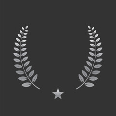 Realistic silver laurel wreath with star. Premium insignia, traditional victory symbol on black backdrop. Triumph, win poster, banner layout , shiny frame, border