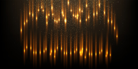 Gold flash rays and sparks with glow light effect vector illustration. Realistic 3D shiny golden fiery flares, precious jewelry and abstract star dust glowing on black background