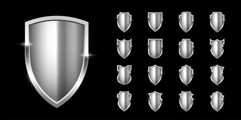 Silver shields with frame set for emblem, logo, badge, label. Vector luxury design elements. Royal medieval military armor collection isolated on black background. War trophy, heraldic symbol