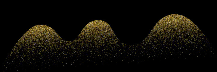 Wave grain stipple golden pattern background. Gold noise dotwork texture, abstract dot stipple lines, sand grain effect, vector illustration isolated on black background