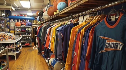 Fototapeta na wymiar Thrift shop dedicated to sports memorabilia and athletic wear, featuring items from various decades, sporty decor, --ar 16:9