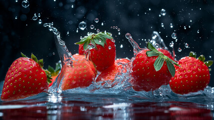 Bright red strawberries with a fresh green leafy top splashing into water, capturing movement and freshness