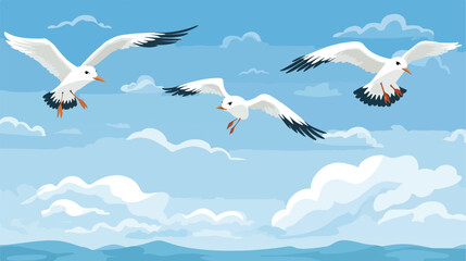 Fototapeta na wymiar Four Seagulls in the Blue Sky with Clouds 2d flat cartoon