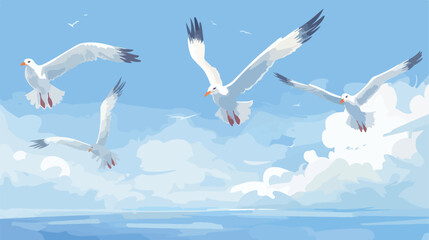 Four Seagulls in the Blue Sky with Clouds 2d flat cartoon