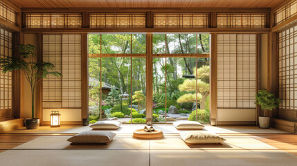 Japanese-style room with a large window and garden views in background. The room is decorated with rugs and cushions on the floor and has a minimalist design. Ai generated