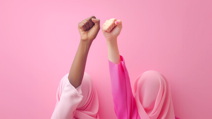 Women's Day, Hijabi female raised hands isolated on a pink background.