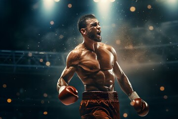 A boxer delivering a powerful uppercut in the middle of a match, captured in high definition. - obrazy, fototapety, plakaty