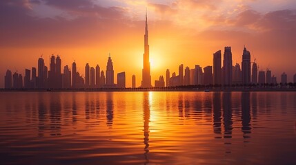 Vibrant sunset casting golden hues over the Dubai skyline, modern architectural wonders, --ar 16:9 - obrazy, fototapety, plakaty