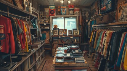 Vintage thrift shop interior with retro clothing and classic vinyl records, nostalgic ambiance, --ar 16:9