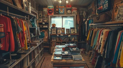Foto auf Alu-Dibond Musikladen Vintage thrift shop interior with retro clothing and classic vinyl records, nostalgic ambiance, --ar 16:9