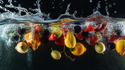 Fresh assortment of fruits creating a dynamic splash in water against a black background