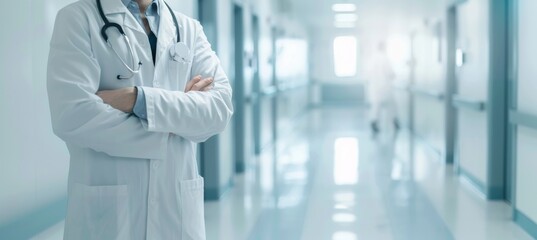 Health care and medicine. Medicine and technology. Doctor standing on hospital background