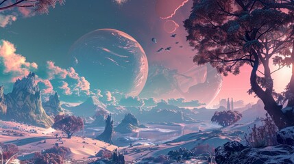 VR simulation of a futuristic utopian planet, seamlessly blending advanced technology with exotic alien landscapes, --ar 16:9 - obrazy, fototapety, plakaty