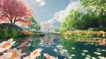 VR utopia featuring an eternal spring environment, perpetual blossoming flowers and perfect weather, --ar 16:9 - obrazy, fototapety, plakaty