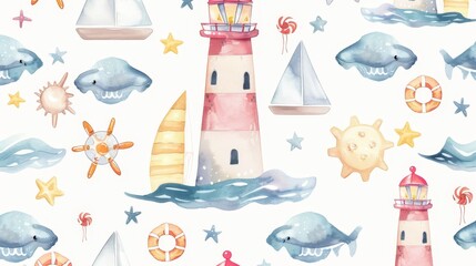 Fototapeta na wymiar Watercolor pattern featuring nautical icons like lighthouses and sailboats, soft pastel colors, --ar 16:9