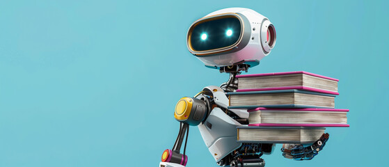 Machine learning concept with 3d rendering humanoid robot and a stack of books isolated on a blue background.