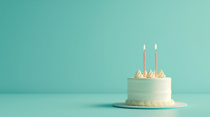 A minimalist vanilla frosted birthday cake on a blue background with two burning candles, symbolizing celebration