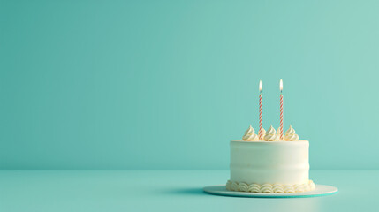 A minimalist vanilla frosted birthday cake on a blue background with two burning candles, symbolizing celebration